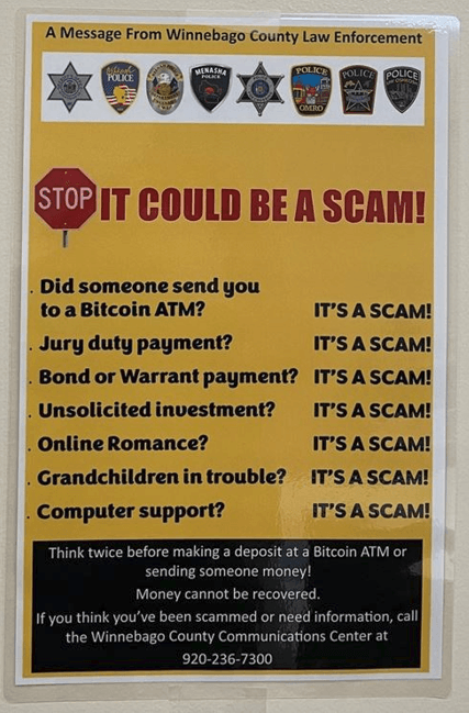 Posters like this one are being hung at businesses with Bitcoin ATMs in an effort to stop scams. Photo: Oshkosh Police Department