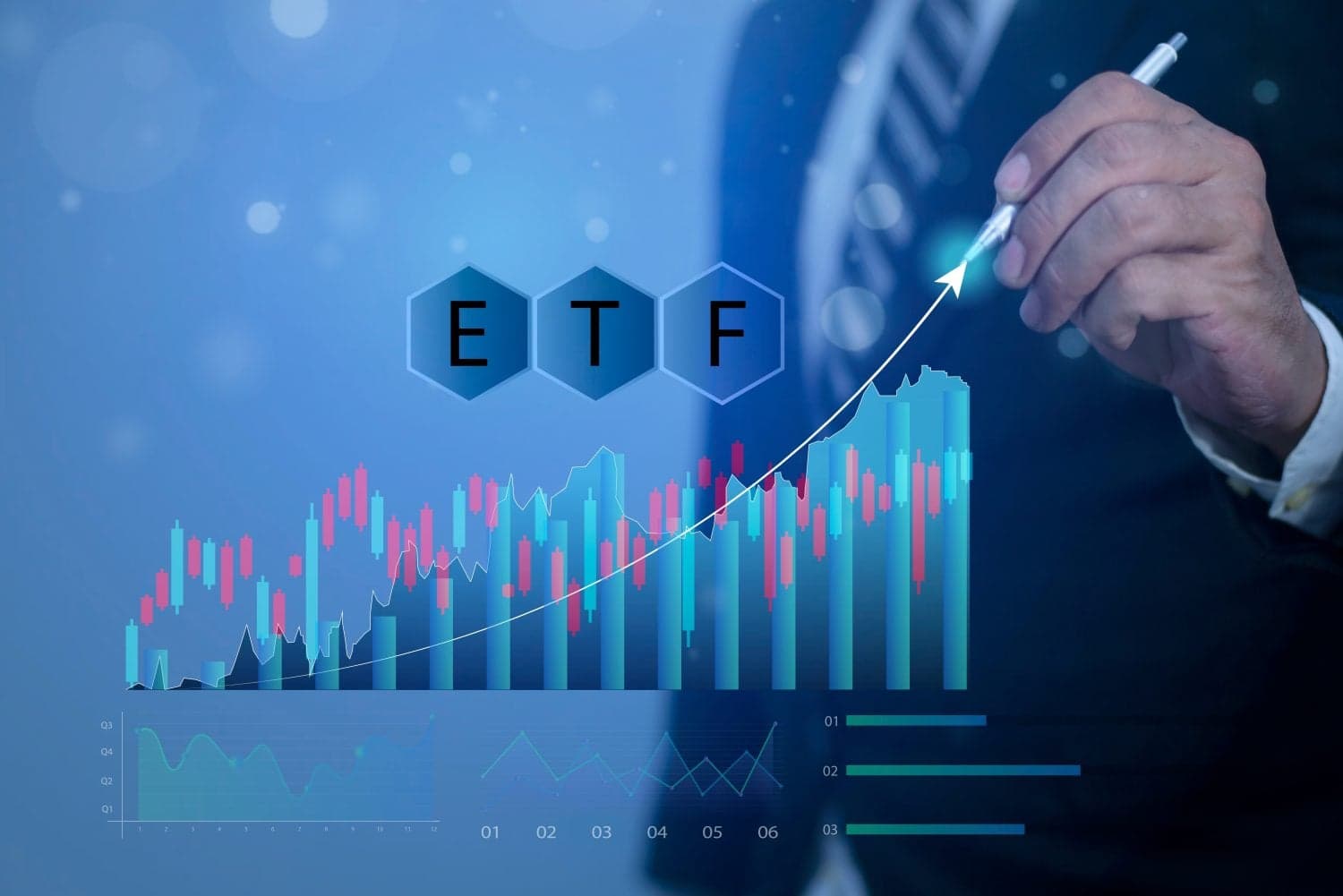 A close-up of a businessman's hand holding a silver pen, pointing upwards towards a white arrow on a translucent digital display. The display features three blue hexagonal boxes spelling 'ETF' at the top, a candlestick chart with red and blue bars and an overlaying white line graph showing an upward trend, and various smaller digital graphs at the bottom. The background is a dark blue, digitally rendered with faint bokeh lights.