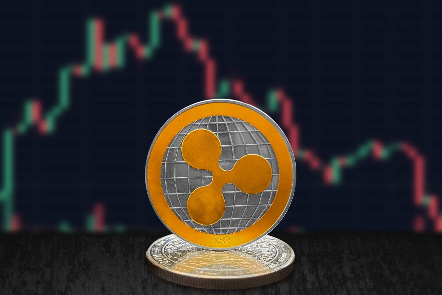 Ripple XRP on cryptocurrency coin with falling crashing graph