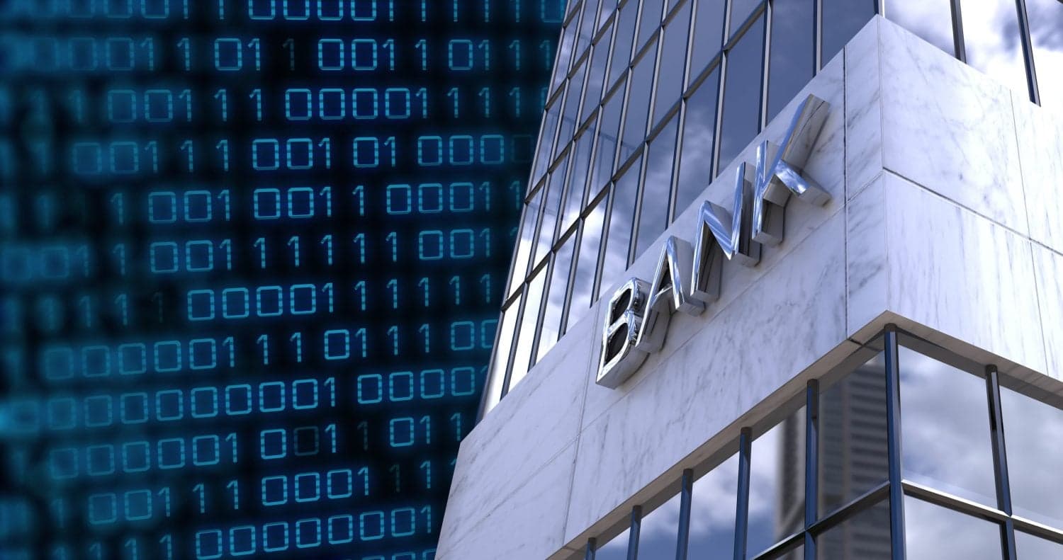 Modern bank building against a digital binary code backdrop