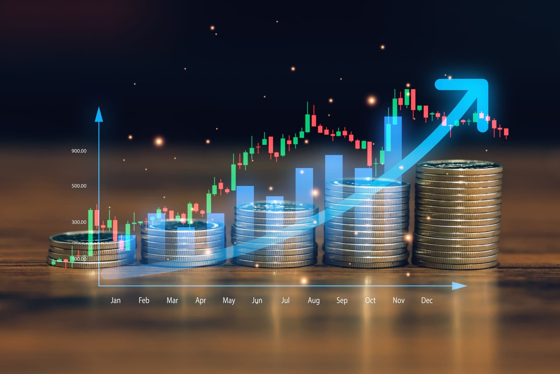 Financial growth concept with stacked coins and rising chart