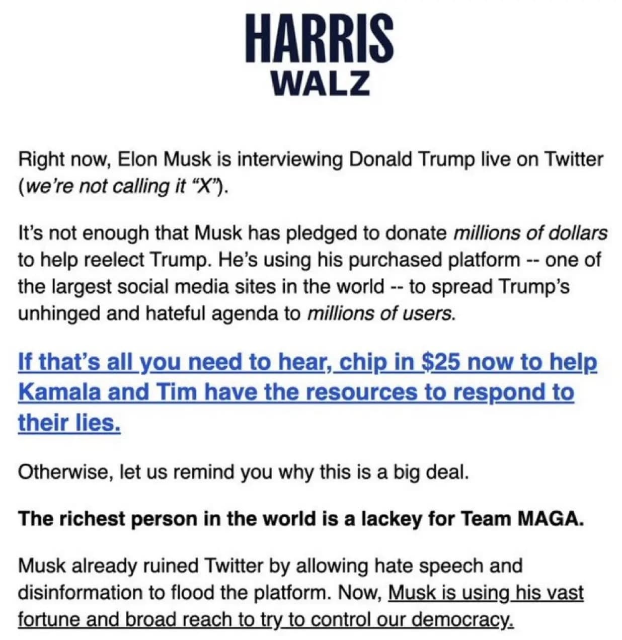 Fundraising email from Kamala Harris campaign