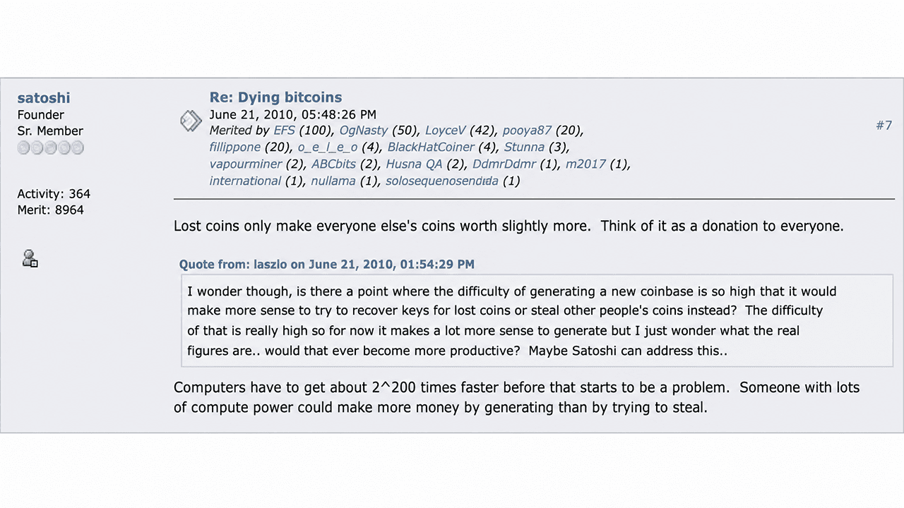Satoshi's 16-Year-Old Quote Still Resonates: Millions of Bitcoin Are Lost Forever
